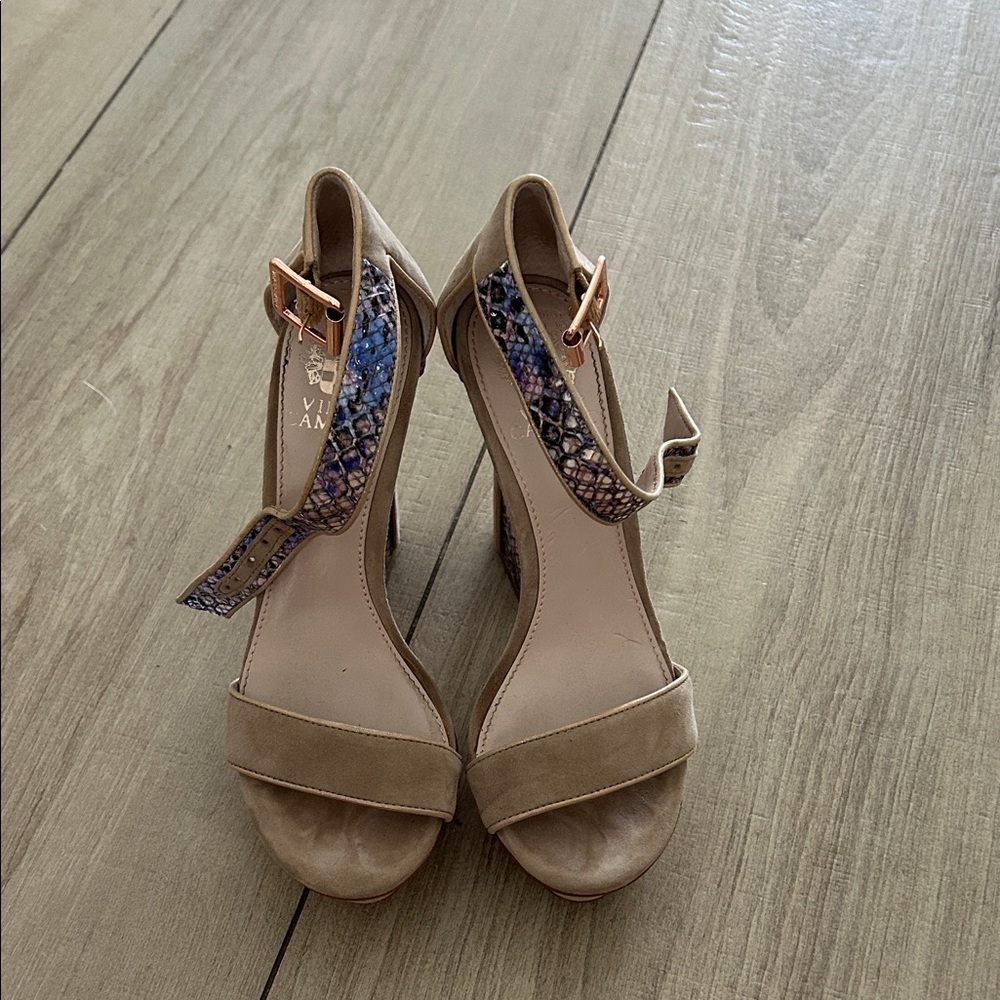 Vince Camuto Nude Suede Platform Sandals with Multicolor Snakeskin Strap